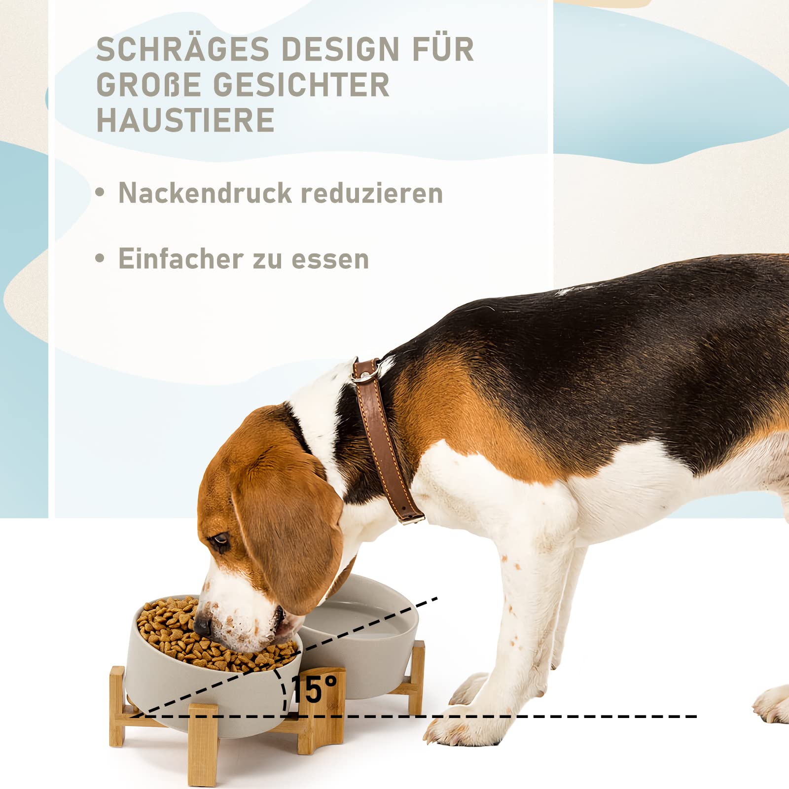 SPUNKYJUNKY Kippbarer Hundenapf Keramik Doppel Hund Futternapf mit Bambus Ständer 0° und 15° Neigungswinkel für Haustiere Katzen und Welpen Großes Gesicht Hund (850ml, Grau × 2)