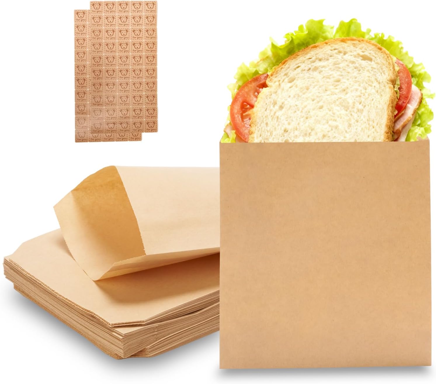 100-Pack 6×8 Inch Kraft Paper Sandwich Bags with 100 Bear Stickers for Sealing, –Small Paper Snack Bags for Sandwiches, Bakery, Cookies & Snacks