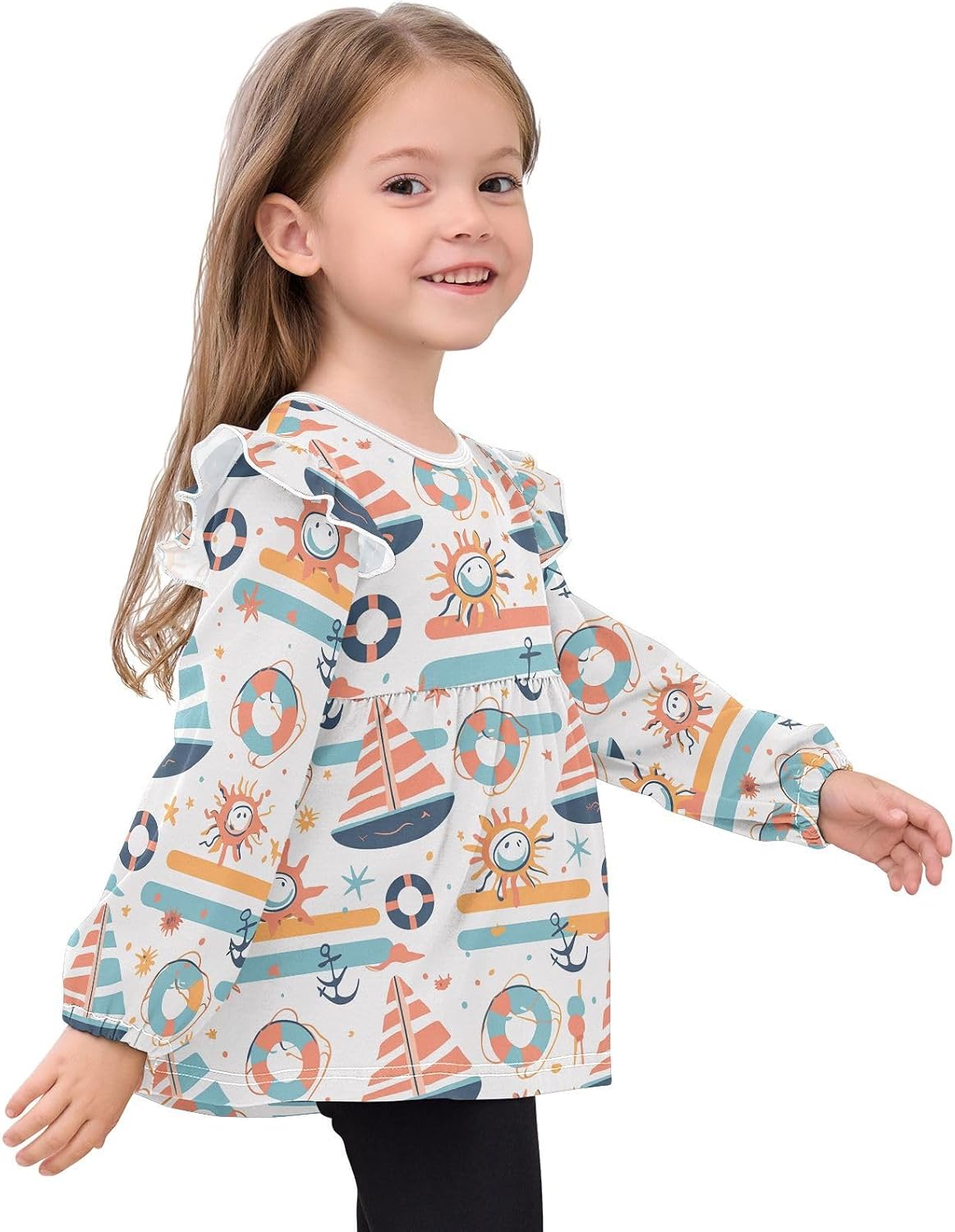 visesunny Toddler Clothes for Girls Solar Sail Anchor Long Sleeve Fall Shirts Cotton Top with Ruffle Collar