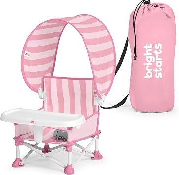 Bright Starts Pop 'N Sit Cabana Portable Booster Chair with UPF Canopy, Floor Seat for Indoor/Outdoor Use, Compact Fold, Pink, 6 Months 3 Years