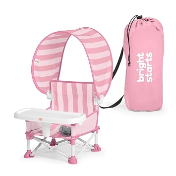 Bright Starts Pop N Sit Cabana Baby Beach Portable Booster Chair with UPF Canopy, Floor Seat for Indoor/Outdoor Use, Compact Fold, Pink, 6 Months3 Years
