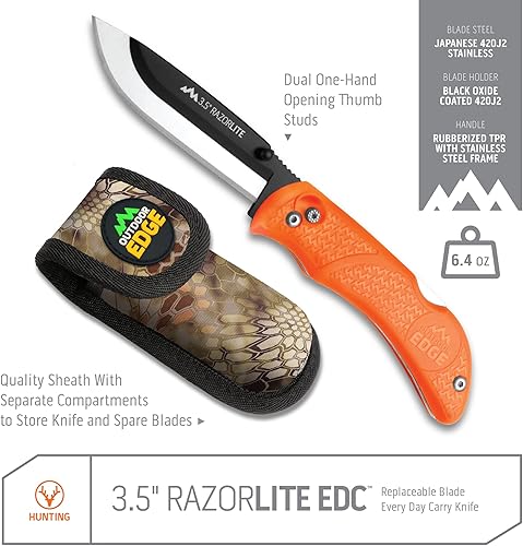 Miniatura 2 de OUTDOOR EDGE Razor-Lite Cuchillo de Caza Plegable  Hojas de Afeitar Reemplazables de 3.5, Mango de Goma Antideslizante, Seguridad de Bloqueo