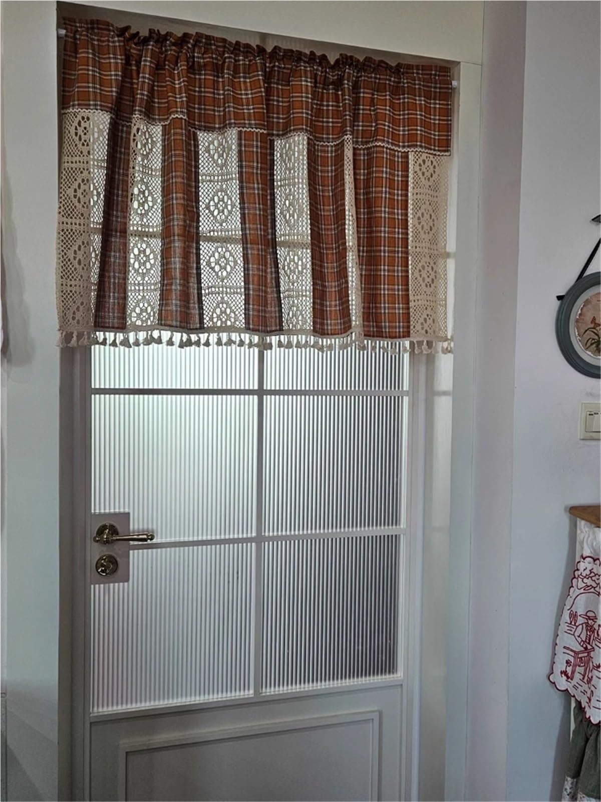Kurzgardine Kurzer Vorhang aus kariertem Baumwollstoff mit Lochmuster for Küchenschränke, Landhausstil