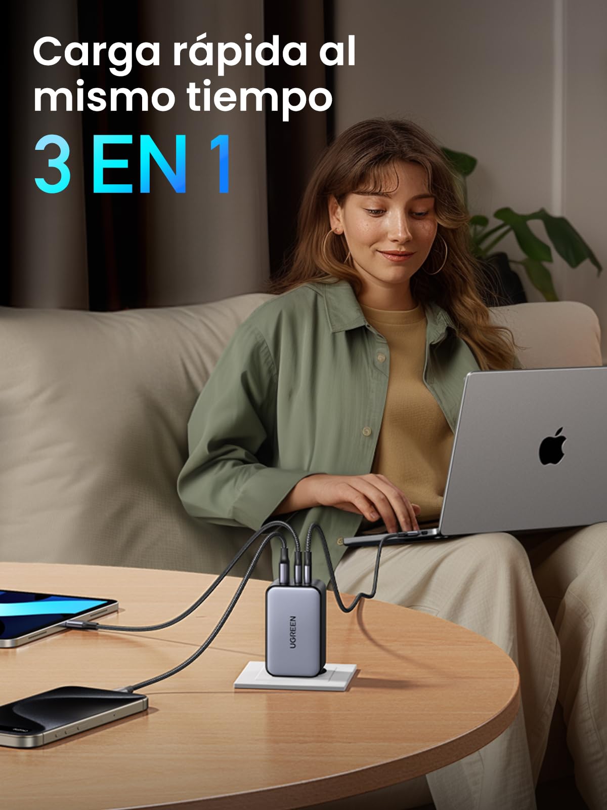 UGREEN Nexode 100W Cargador USB C Carga Rápida Múltiple Tipo C GAN | 3 Puertos PPS 45W Compatible con iPhone 17 Pro Max Air 16 15 Galaxy S26 25 24 Pixel 10 Pro iPad MacBook M5 M4 Steam Deck