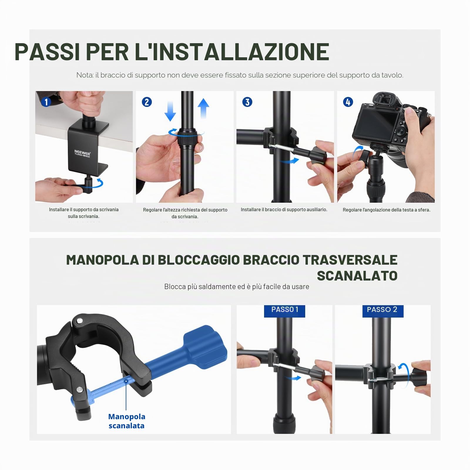 NEEWER Supporto Fotocamera da Alto Aggiornato+Braccio Fotocamera Ripieghevole(Max 2lb),1.2m Supporto Tavolo Telescopico (Max 8,8lb) con Portatelefono Testa Sfera per Luce LED Webcam Mic,TL253A+MH022