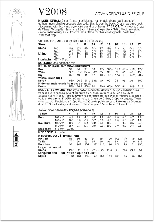 Vogue V2008D5 Misses' Close-Fitting Halter Style Dress Sewing Pattern Packet by Tom & Linda Platt, Design Code V2008 Sizes 4-6-8-10-12 Multicolor