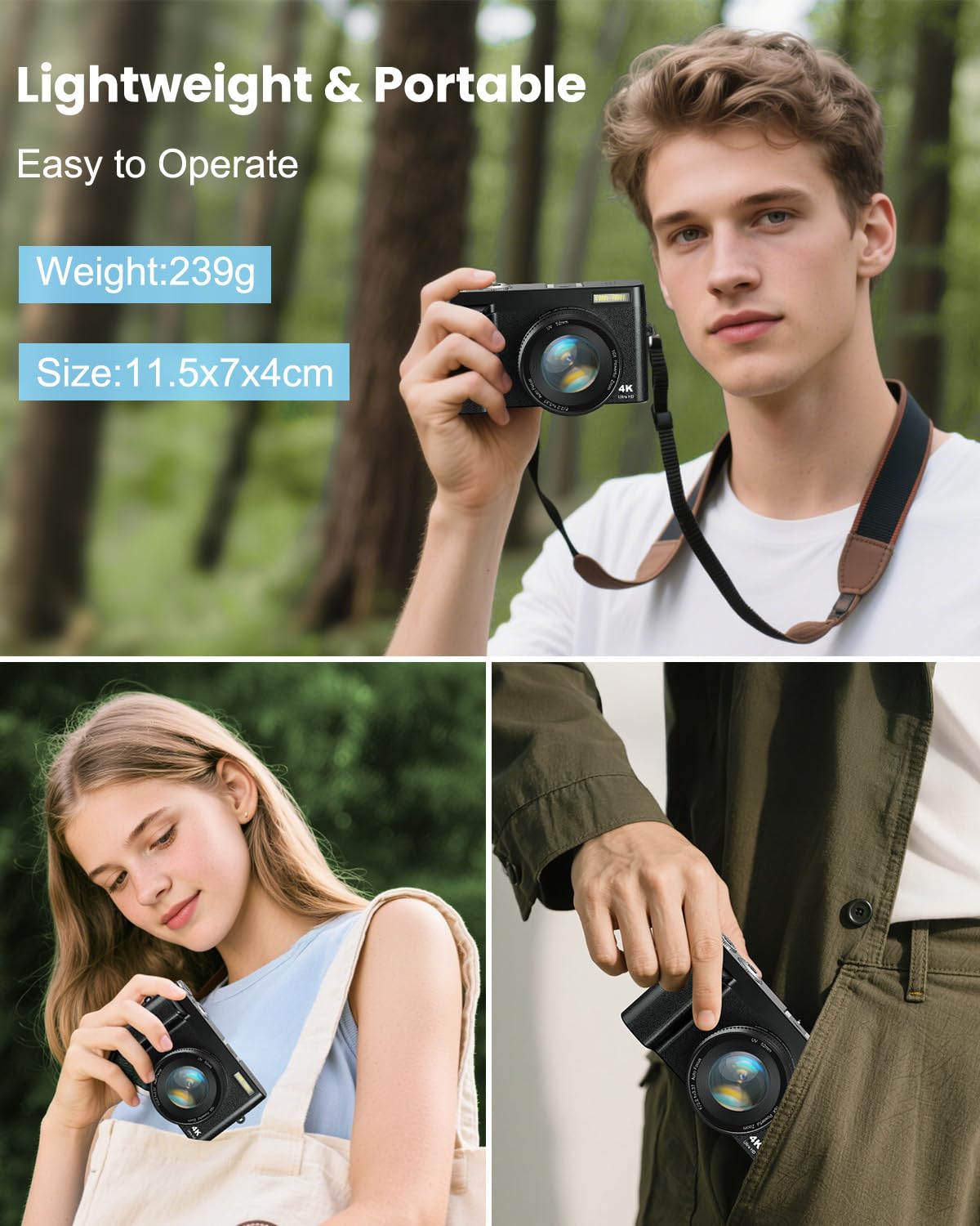 CAMKORY Fotocamera digitale 4K, 48 MP fotocamera compatta autofocus con schermo flip a 180°,16 X Digital Zoom fotocamera compatta con scheda da 32 GB,2 batterie per principianti