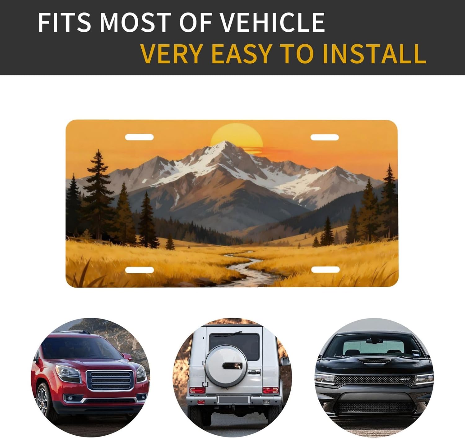 Sunset Snow-Capped Mountains Pine Trees Meadows Streams Front License Plate Car Decorative License Plates Aluminum Metal Decor Accessory Novelty Vanity Tag with 4 Holes for Men Women 6" X 12"