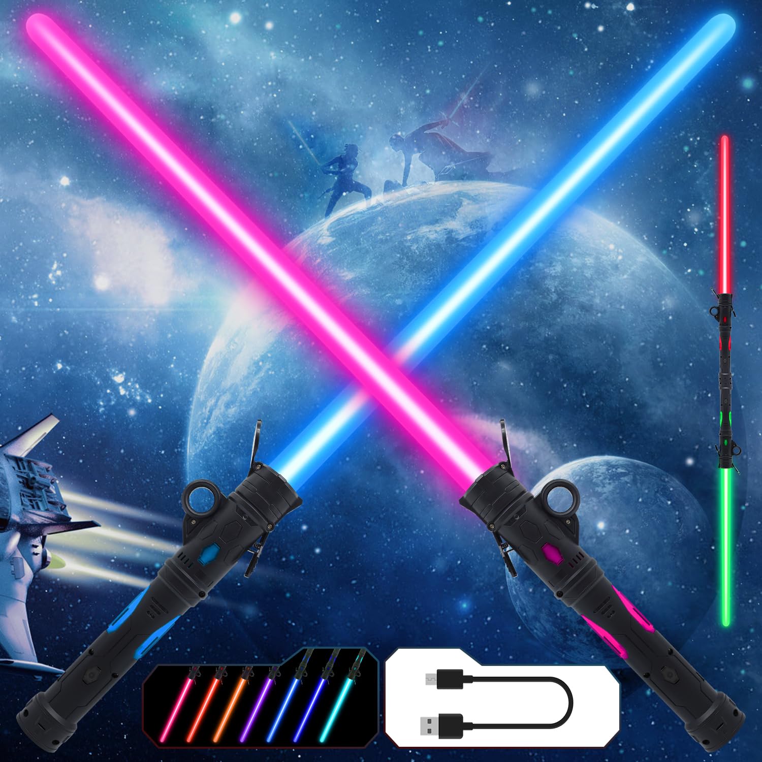 Gianby Light up Saber for Kids, 2-in-1 LED Dual Light Swords Set with 25 Color Changing Electronic Lights &3 Modes FX Sound, Rechargeable Light Sword Toy for Roleplay (2 Pack)