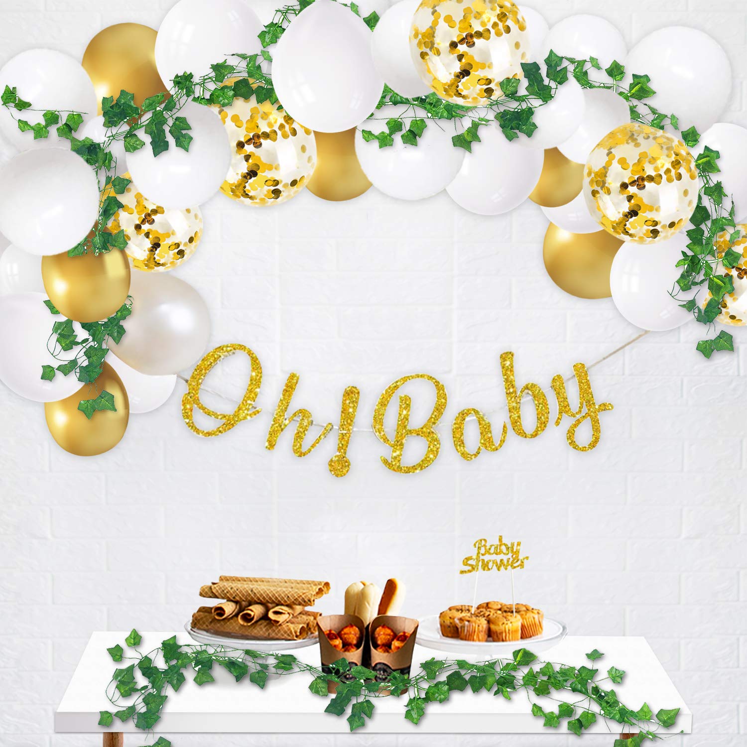 Baby Shower Decorations for Boy and Girl, Gender Reveal Party Supplies with Balloon Garland, Oh Baby Banner, Ivy Leaf Garland, Confetti Poppers, 111pcs Bosheng Party Decor for Safari, Jungle Theme Parties