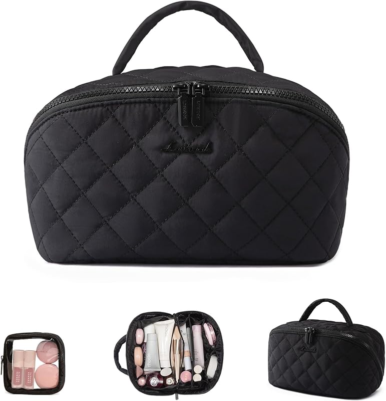 Necessaire de maquiagem LOVEVOOK com abertura plana, compartimento para pincéis e alça, preta, grande, pacote com 2