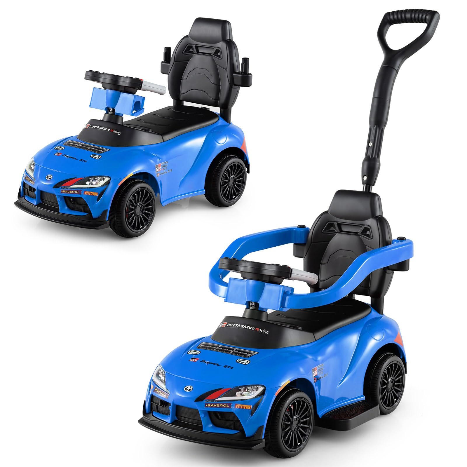 GOPLUS Samochód przesuwny 3 w 1, Toyota z ukrytym schowkiem i muzyką, pojazd ślizgowy z drążkiem przesuwnym, pojazd dziecięcy do użytku wewnątrz i na zewnątrz, dla dzieci w wieku 18-60 miesięcy