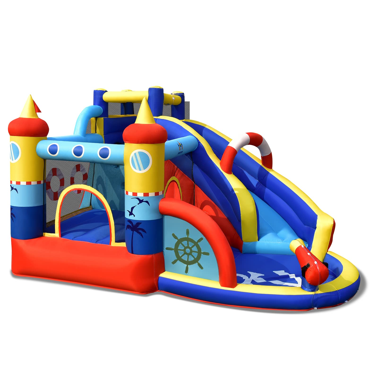 COSTWAY Aufblasbare Hüpfburg mit 550W Gebläse, 6-in-1 Wasserpark mit Rutsche, Planschbecken & Wasserkanone, Outdoor Bouncer Hüpfschloss Springburg für Kinder, Garten, 360 x 290 x 200 cm