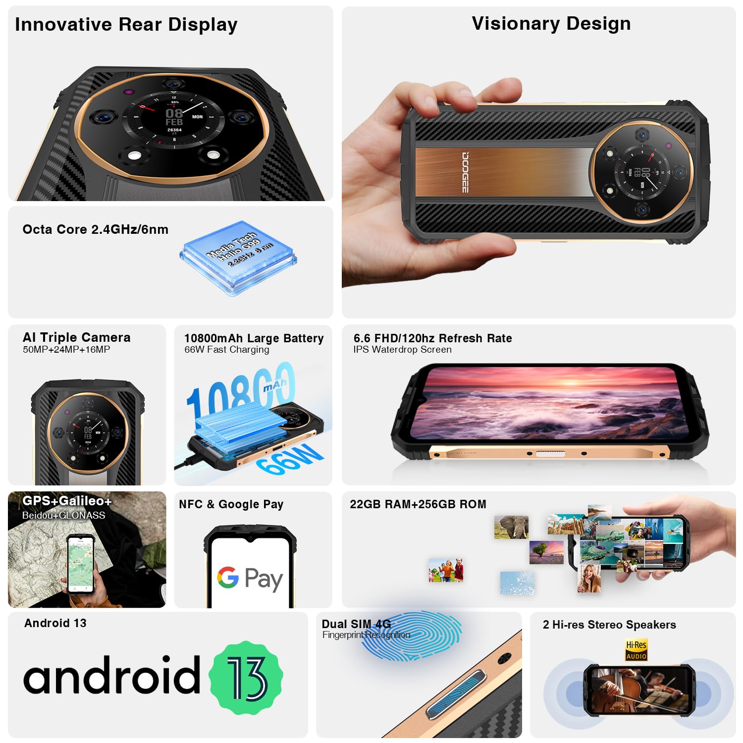 S110 Outdoor Mobile Phone Without Contract, Helio G99 22GB + 256GB (TF 2TB), 10800mAh 66W Outdoor Smartphone 6.6 Inch FHD+ 120Hz, 50MP + 24MP Night Vision IP68 Waterproof Mobile Phone 4G/OTG