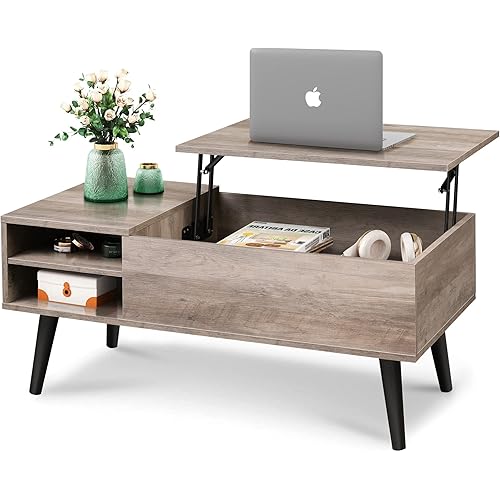 WLIVE Wood Lift Top Coffee Table with Hidden Compartment and Adjustable Storage Shelf, Lift Tabletop Dining Table for Home Living Room, Office, Greige