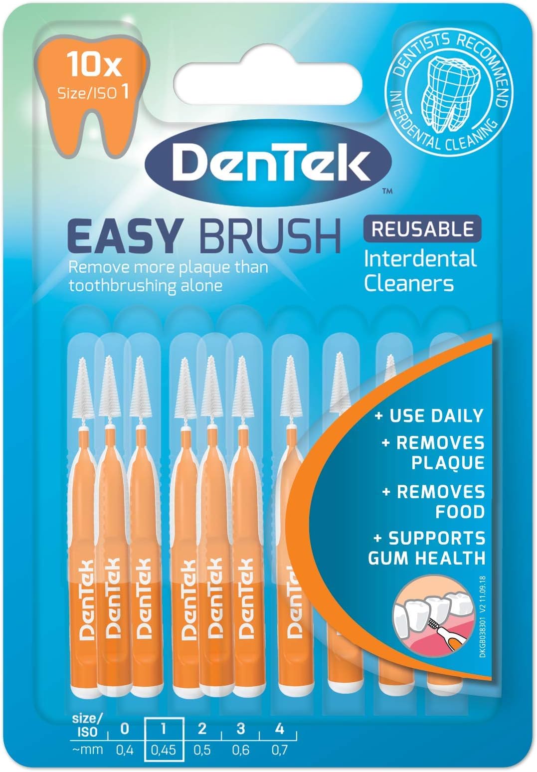 DenTek Easy Brush Interdental Brushes, ISO1/0.45mm for removing food and plaque between teeth. 10 Pack
