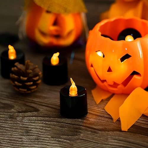 Miniatura 3 de LANKER Paquete de 24 velas de té negras, luces amarillas cálidas parpadeantes, sin llama, velas LED falsas que funcionan con pilas, decoración para