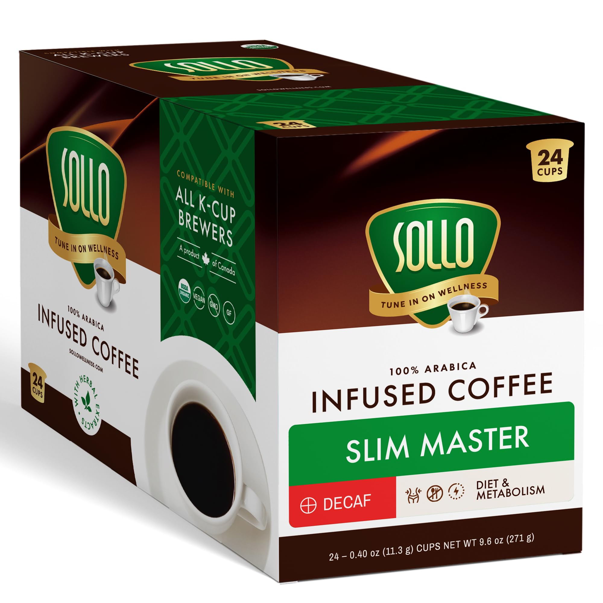 SOLLO Slim Decafenated Coffee Pods, Diet Support, Weight Loss with Garcinia, Vitamins and Green Coffee Bean Extract, Compatible w/Keurig K-Cup Brewers, Decaf 24 ct