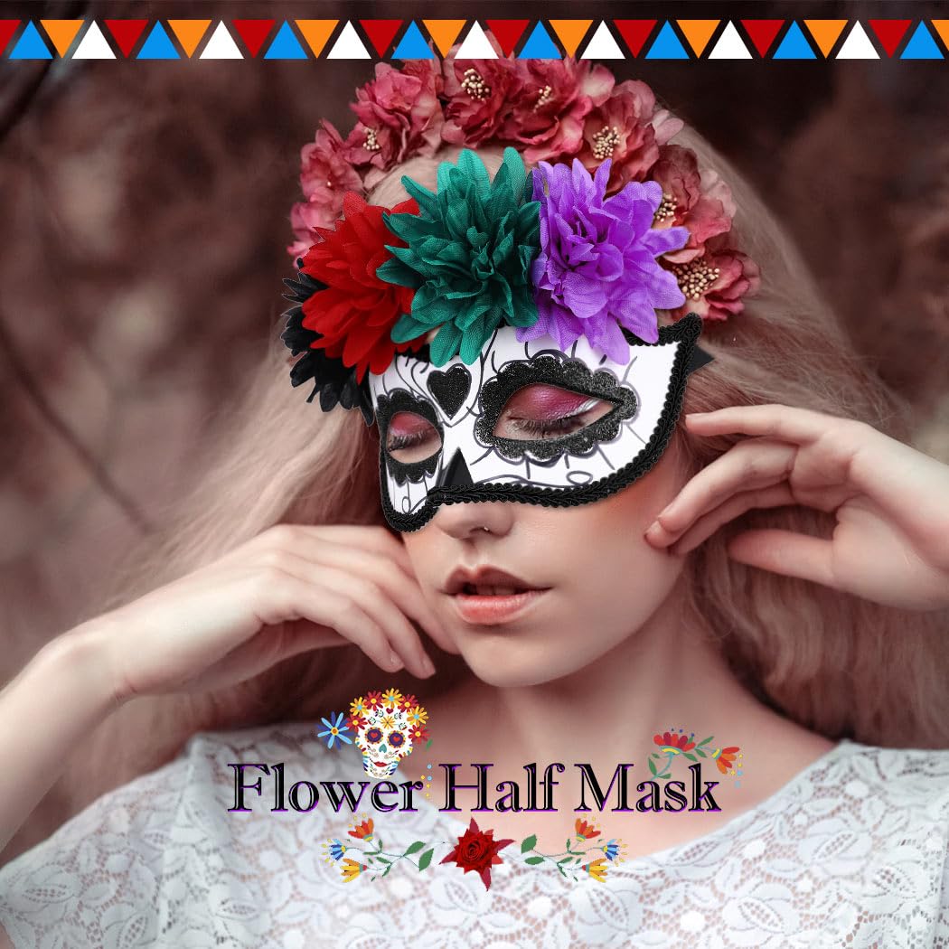 Nicute Masquerade Mask Mexican Day of the Dead Mask for Women Men Sugar Skull Flower Eyemask Fancy Carnival Party Masque