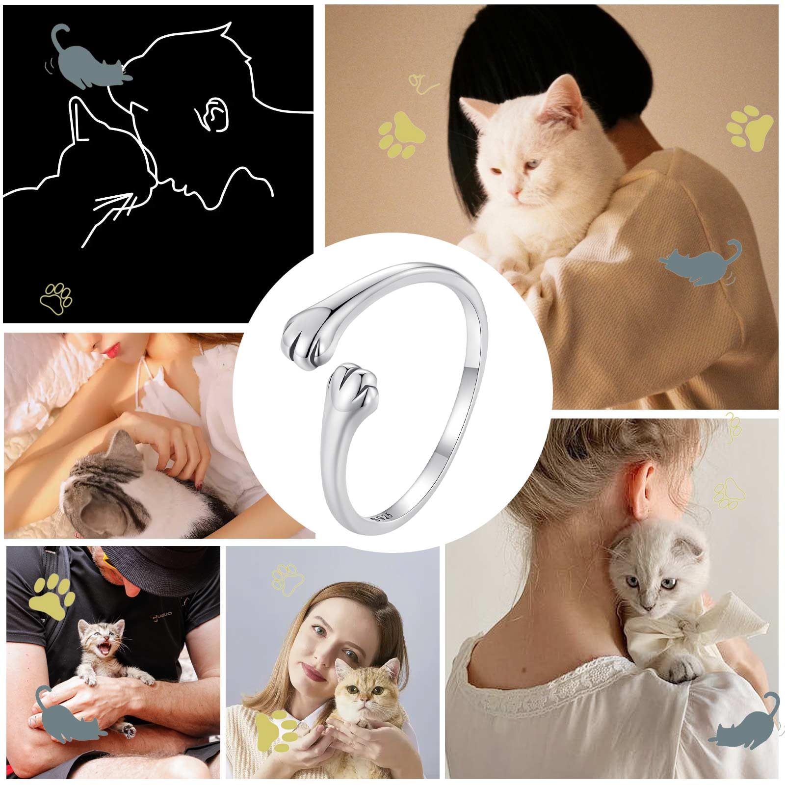 Qings Katze Verstellbarer Ring für Damen 925 Sterling Silber Schwarz Katze Ringe Offener Süß Tier Rings, Schöne Schmuck Katzen Geschenk für Frauen Mädchen Frauen