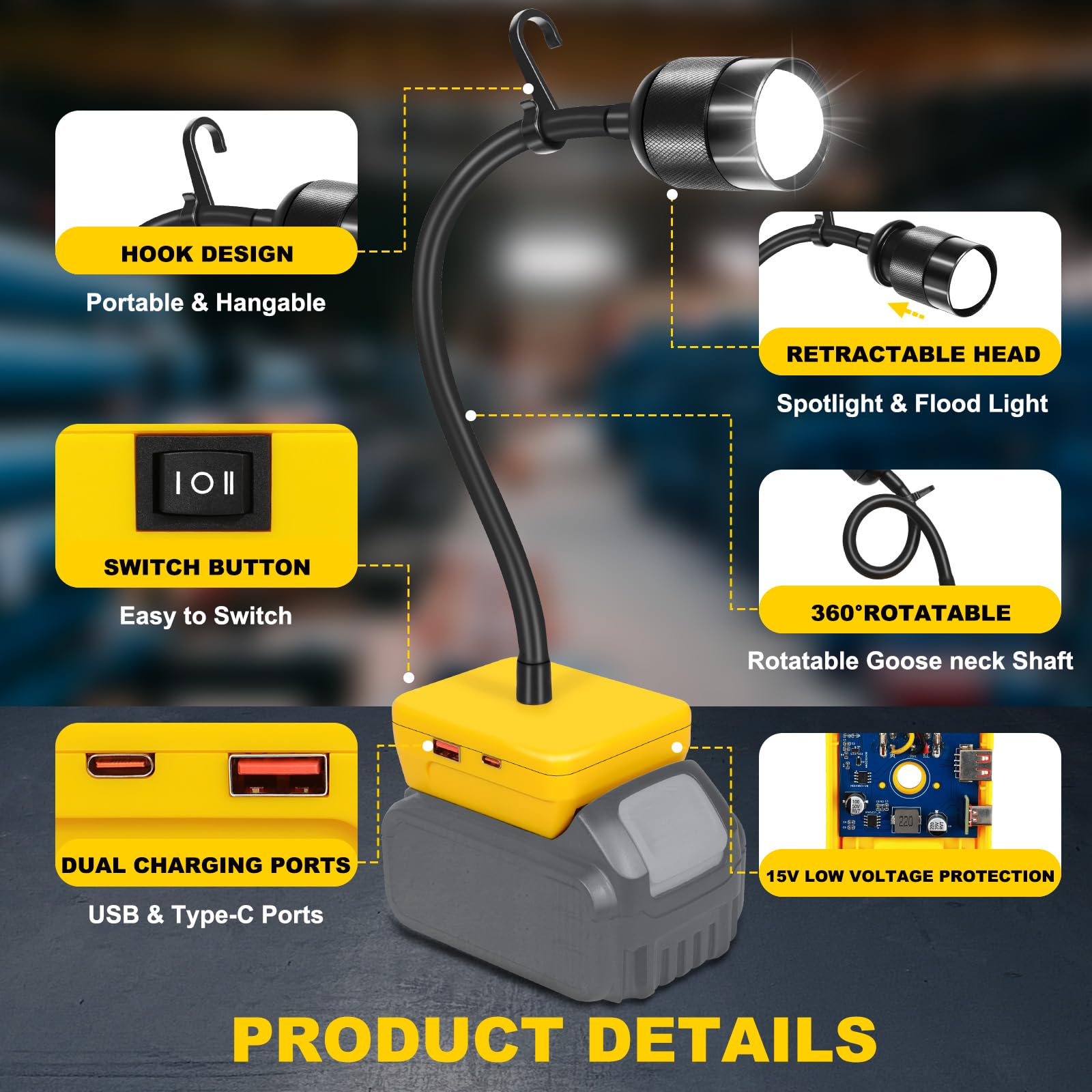 Lampa robocza LED kompatybilna z akumulatorem Dewalt 20 V – 30 W, 3000 lm, lampa warsztatowa LED z ochroną przed niskim napięciem – przenośne oświetlenie narzędziowe z przyłączem USB / do