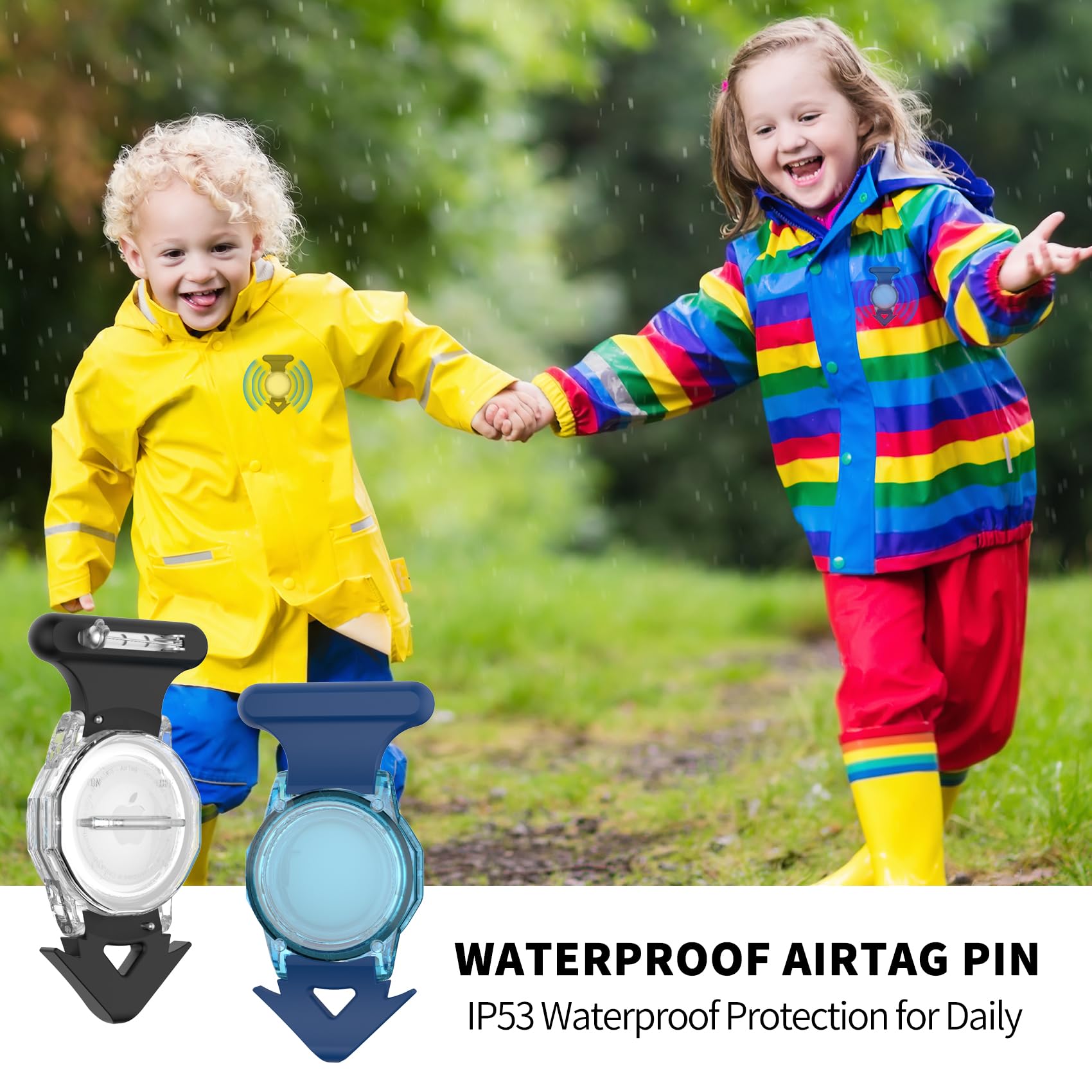AGENTNANO 2 Pack Waterproof Airtag Holder for Kids Hidden with Pin, Airtag Holder Case Rugged Full Body Anti-Scratch Airtag Tracker Case for Children, Elderly, Backpack, Clothes (Black & Blue)