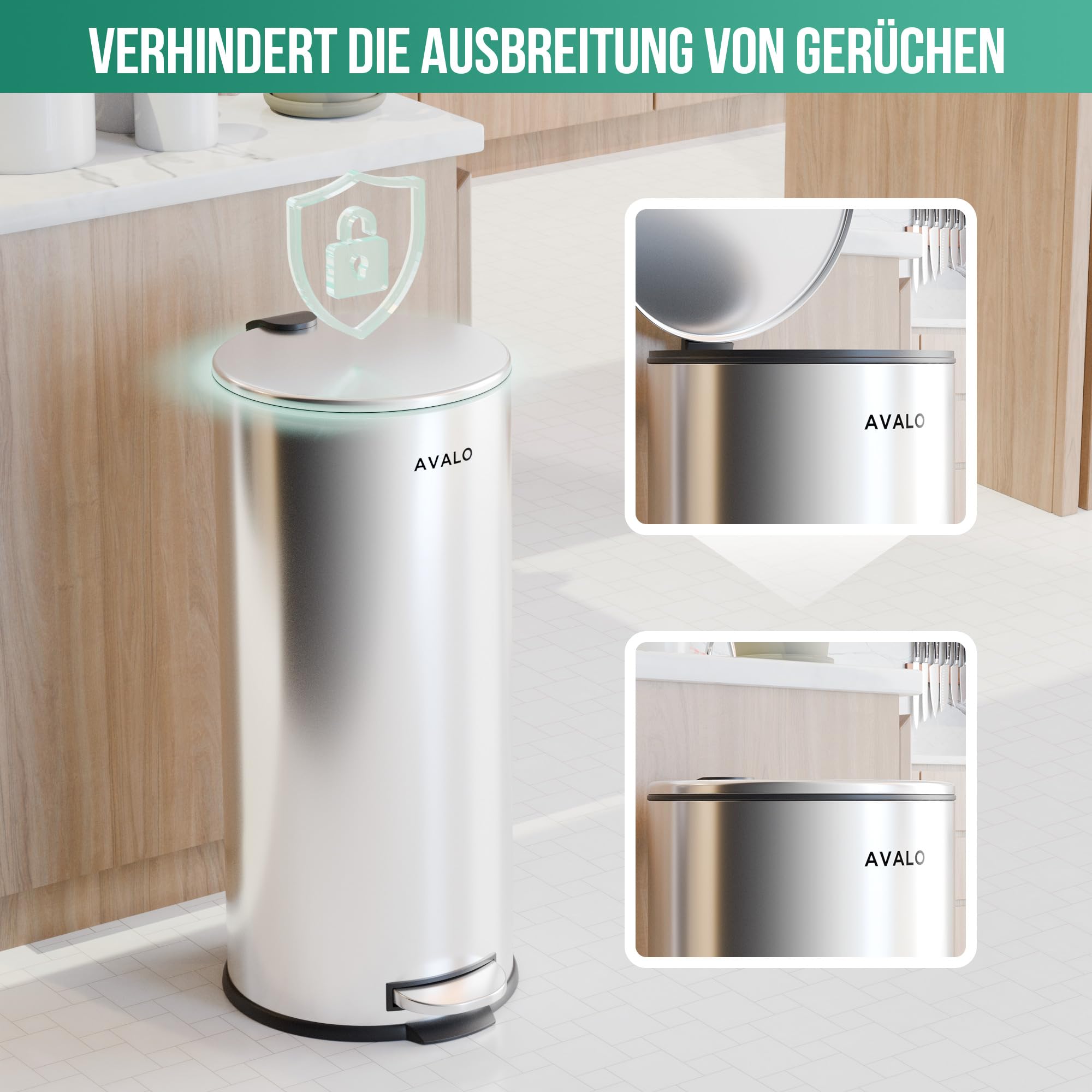 Avalo Treteimer 30L - Edelstahl Silber - Soft Close - Abfalleimer 30 Liter - Mülleimer 30 Liter