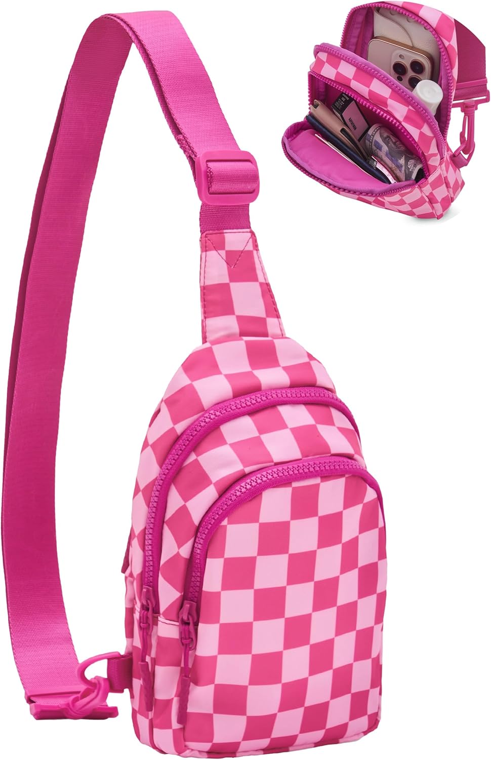 UIBRN Checkered Sling Bag for Women, Water Resistant Nylon Crossbody Chest Bags with Adjustable Shoulder Strap for Travel Hiking,Rose Red