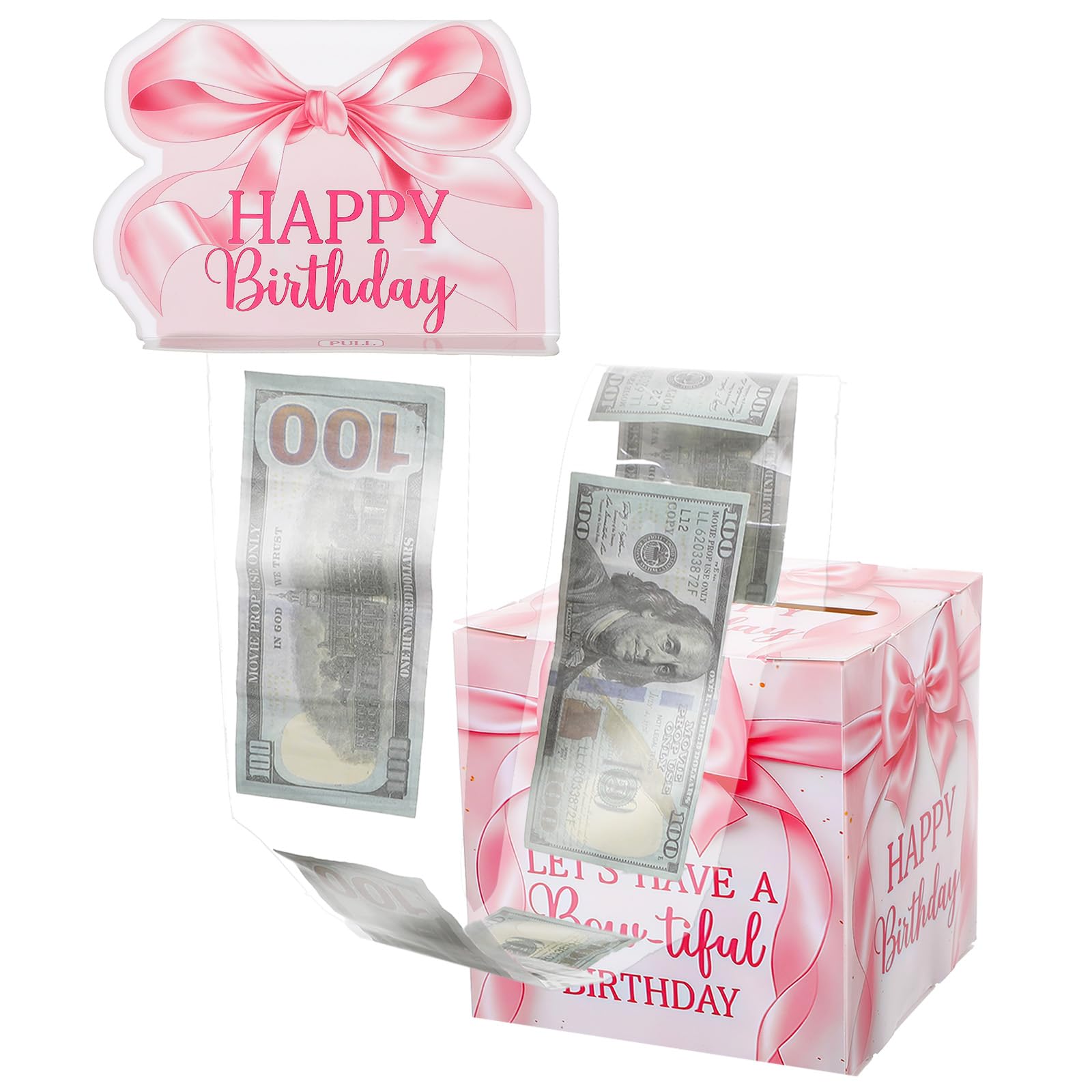Muiltvoe Birthday Money Box Cash Gift Pull, Pink Bow Money Gift Box with 50 Transparent Bags Money-Gift Ideas Birthday Surprise Boxes for Women Girls