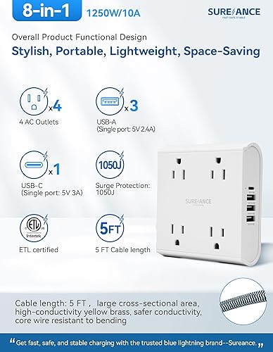 Miniatura 2 de Regleta de alimentación de 4 salidas con protector de sobretensiones USB C-SUREANCE 4 puertos USB, 1050J, cable de extensión de 5 pies, enchufe