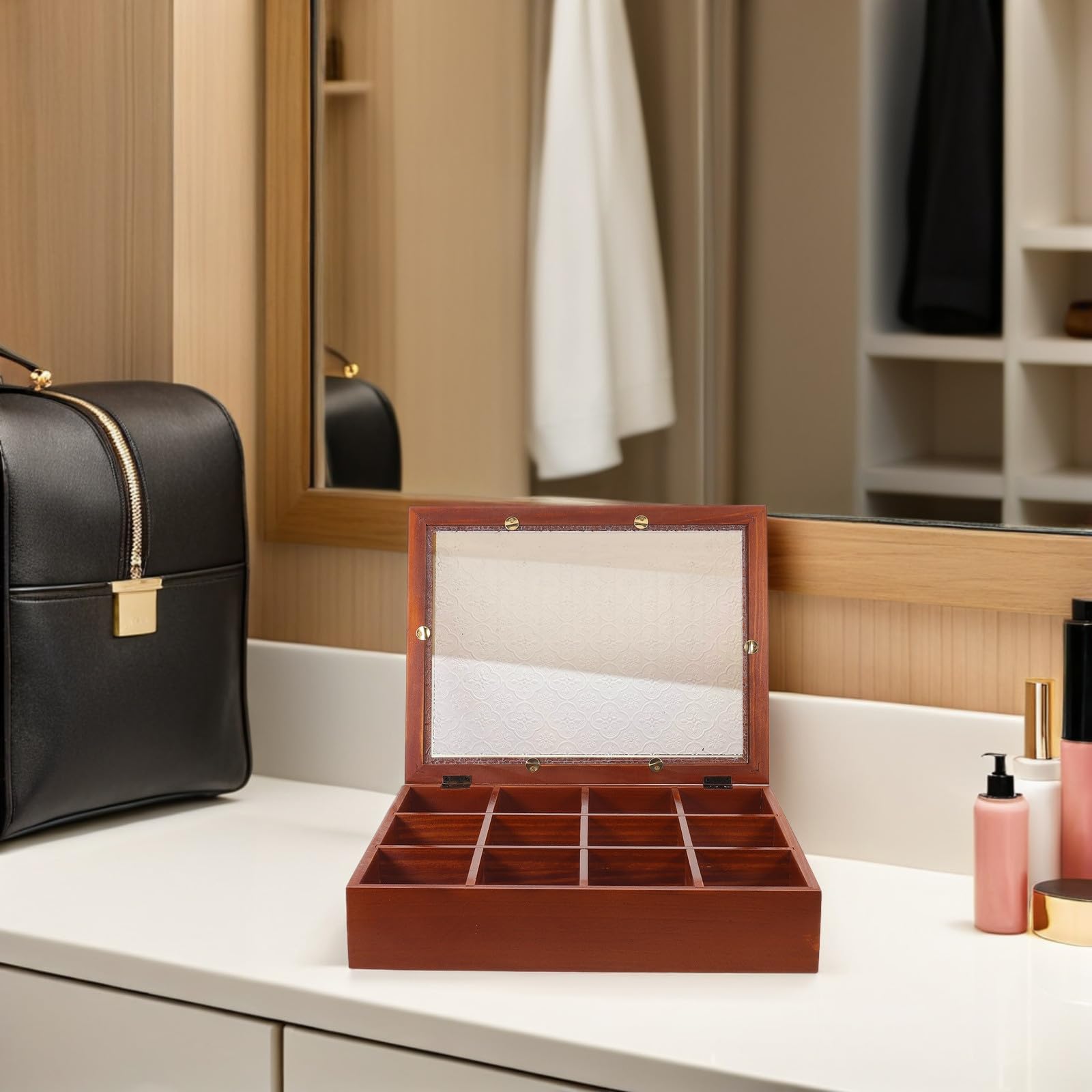 Aufbewahrungsbox aus Holz: Vitrine mit Glasdeckel für Schmuck und kleine Perlen – Rustikaler Teebeutel-Organizer mit 12 Fächern – Erinnerungskiste