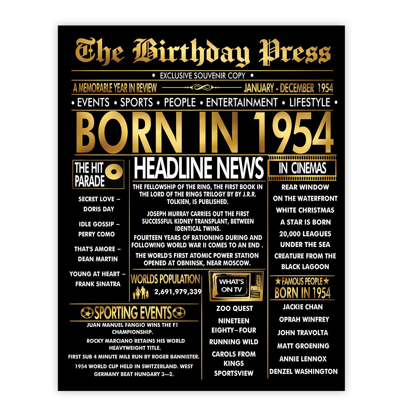 Stuff4 Gold 72nd Birthday Poster Unframed - Golden Born In 1954 Newspaper - Happy 72 Birthday for Men Women Retro Vintage Gifts Back In 1954, 8x10 Inch Bday Party Decor Decoration