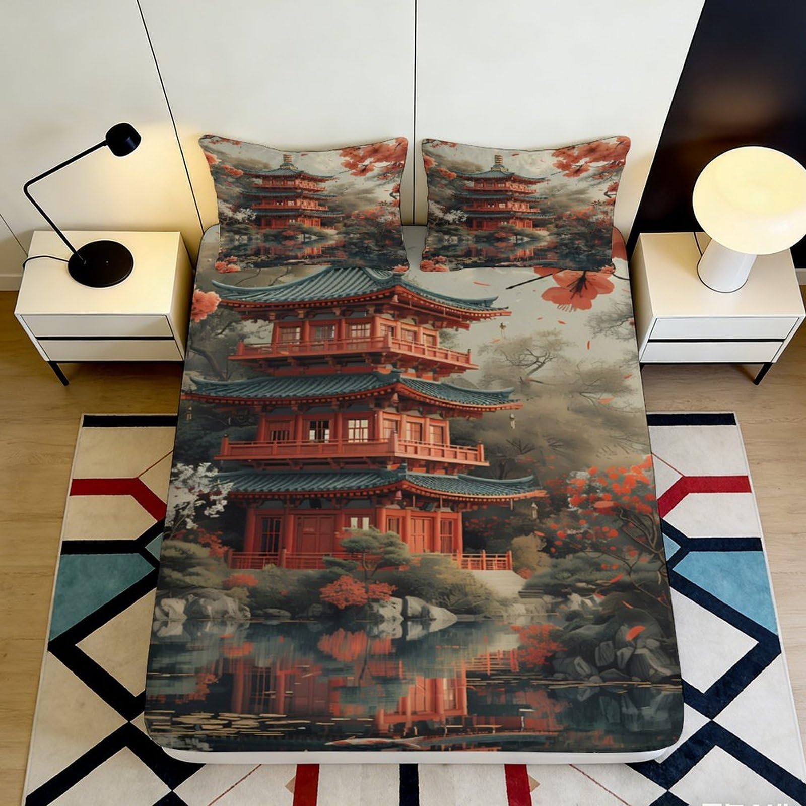 Pnayamiorkfel Style-7 3D Printed Japanese Pagoda Fitted Sheet Microfiber Artistic Red Temple Bed Cover For Bedroom Dorm Decoration Easy Care 90X200x25cm