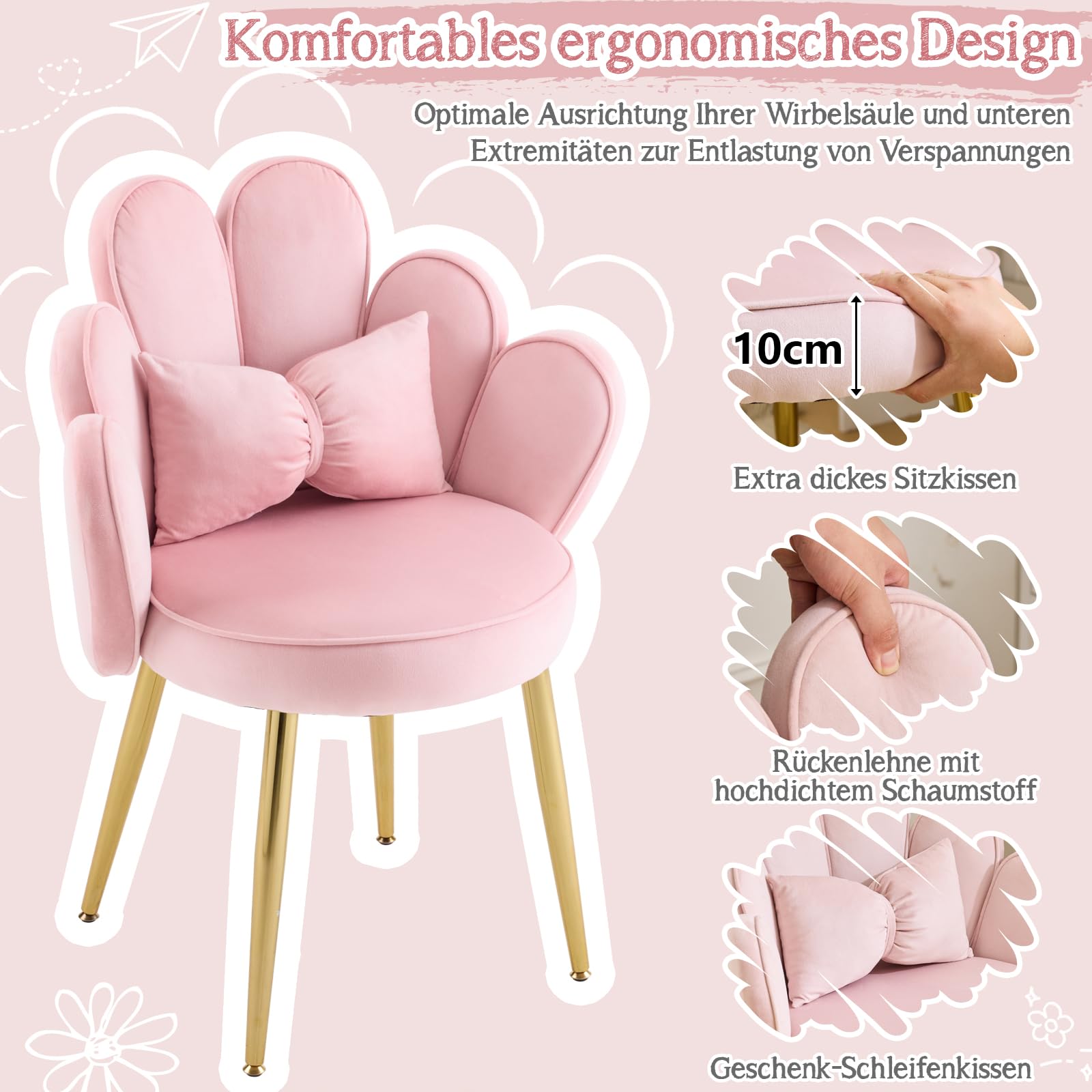 Bonnlo Schminktisch Stuhl mit Blütenblatt-Rückenlehne, Sessel Wohnzimmer, Schminkstuhl, Moderner Esszimmerstuhl mit verstellbaren Goldbeinen & Schleifenkissen für Schlafzimmer, Homeoffice, Rosa