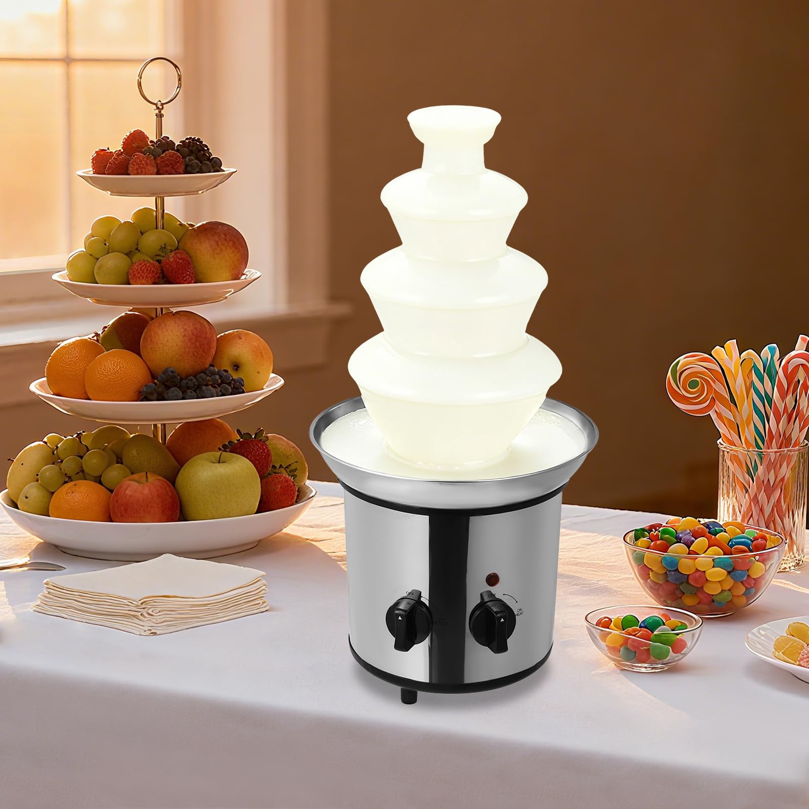 Fuente de chocolate de 4 niveles, máquina de fondue de chocolate profesional de acero inoxidable con función de fusión, capacidad de 0,45 kg, calentamiento de alimentos, para familia, fiestas