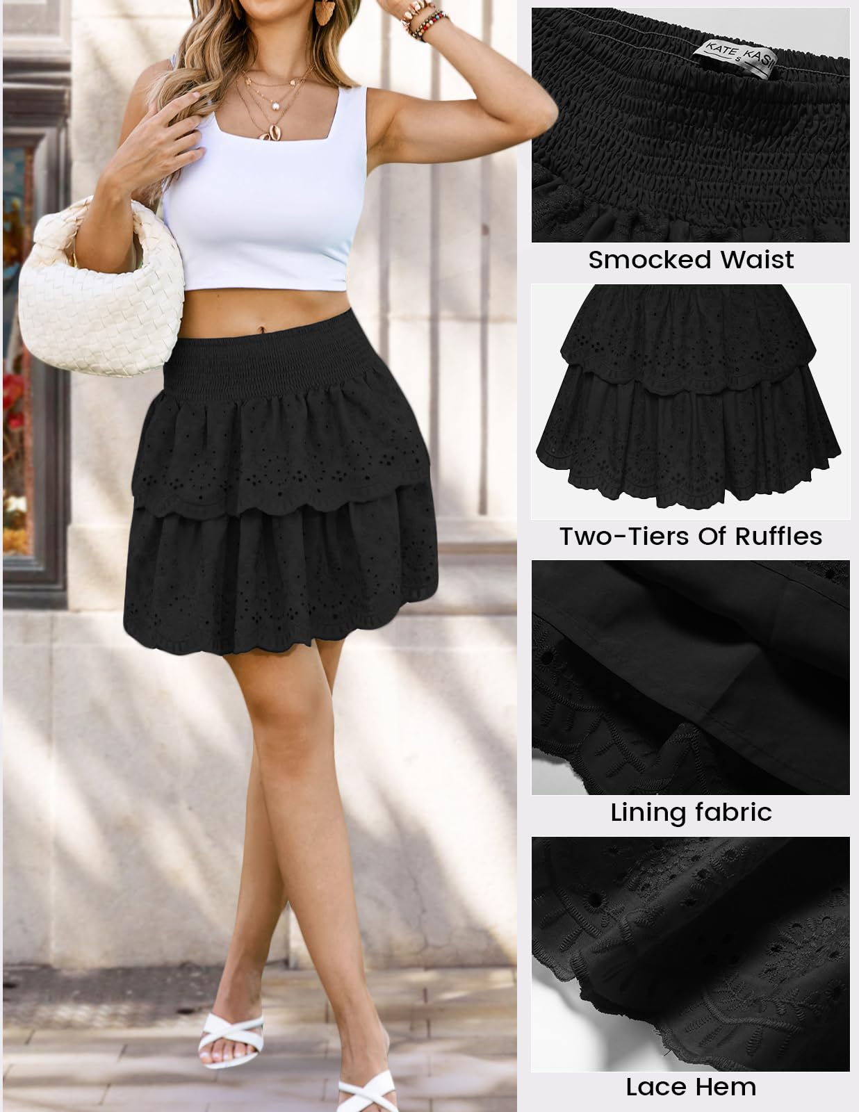 Kate Kasin Minifalda plisada para mujer, cintura alta, con volantes, acampanada, Y2K, para adolescentes, primavera, verano, faldas cortas acampanadas