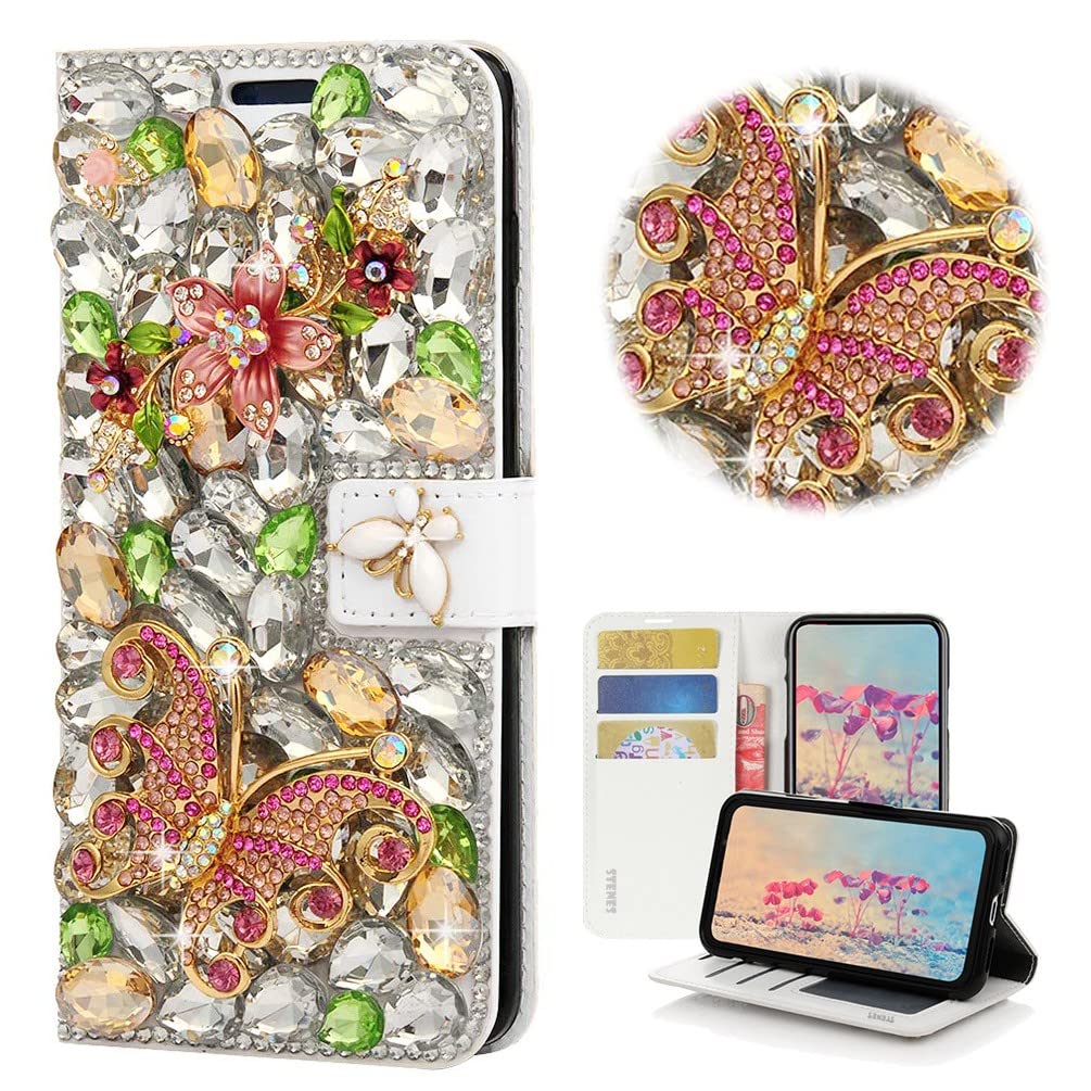 STENES Bling Wallet Phone Case Compatible with iPhone XR - Stylish - 3D Handmade Crystal Flower Floral Butterfly Leather Cover with Screen Protector & Neck Strap Lanyard - Green