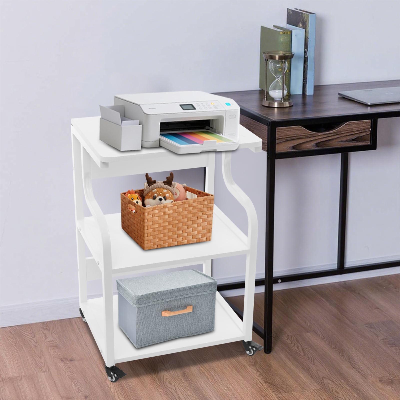 Tavolo per stampante a 3 livelli con ruote universali, 50 x 40 x 74,5 cm, in metallo, oltre 80 kg, per uffici domestici, uffici aziendali, sale di studio, spazi di stampa