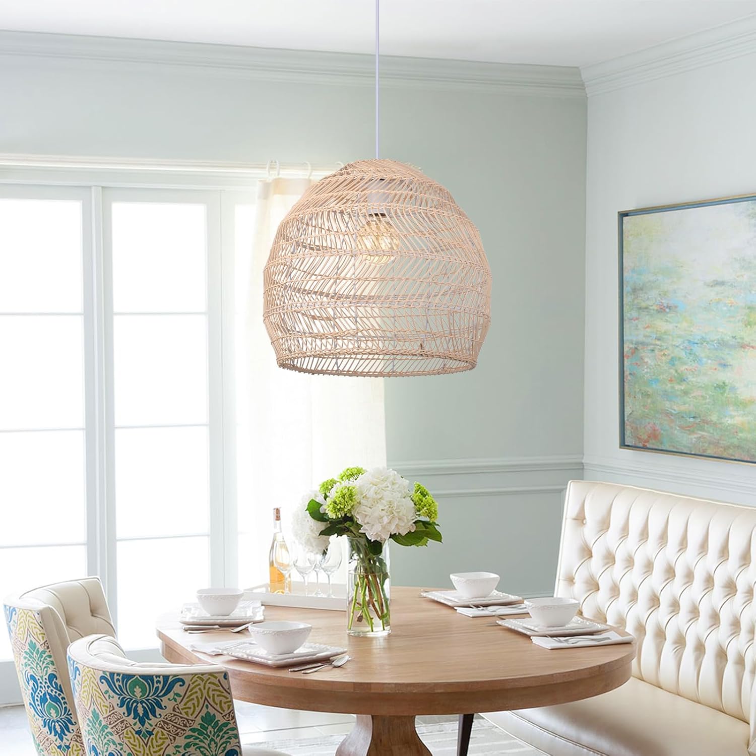 Arturesthome 15.7" Rustic Woven Pendant Ceiling Light Fixture,Rattan Chandeliers Hanging Light for Farmhouse Home Decro Kitchen Island Dinning