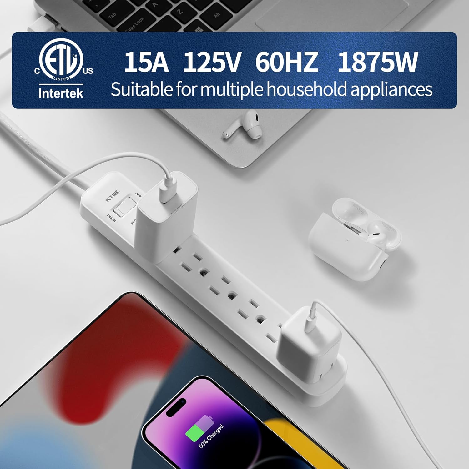 Surge Protector Power, 6ft Extension Cord, Power Strip,for Kitchen and Office Etl Listed, White