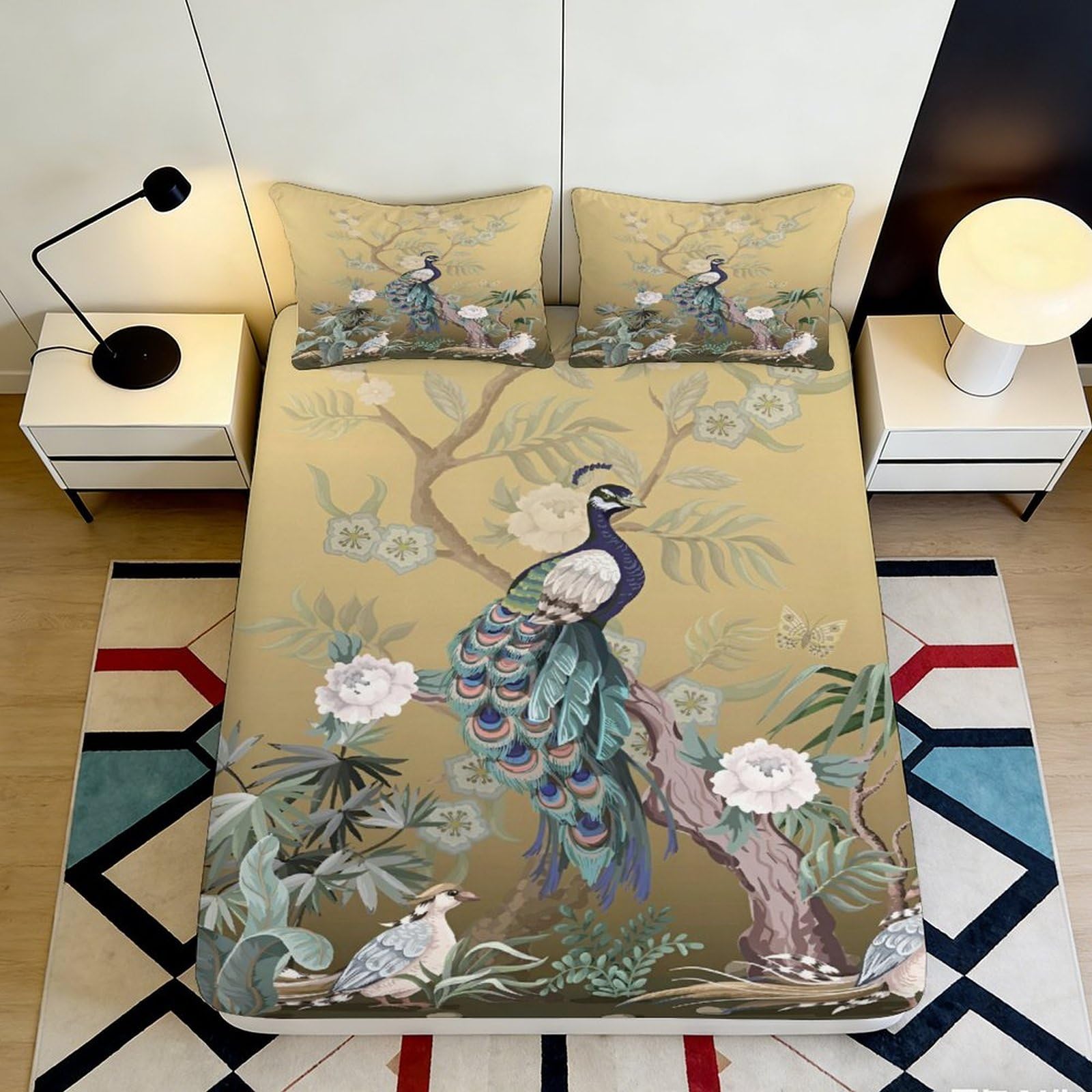 3D Printed Peacock Blossom Fitted Sheet Microfiber Anti-Slip Mattress Cover Bedroom Decor Easy Care Yellow 90x200x25cm