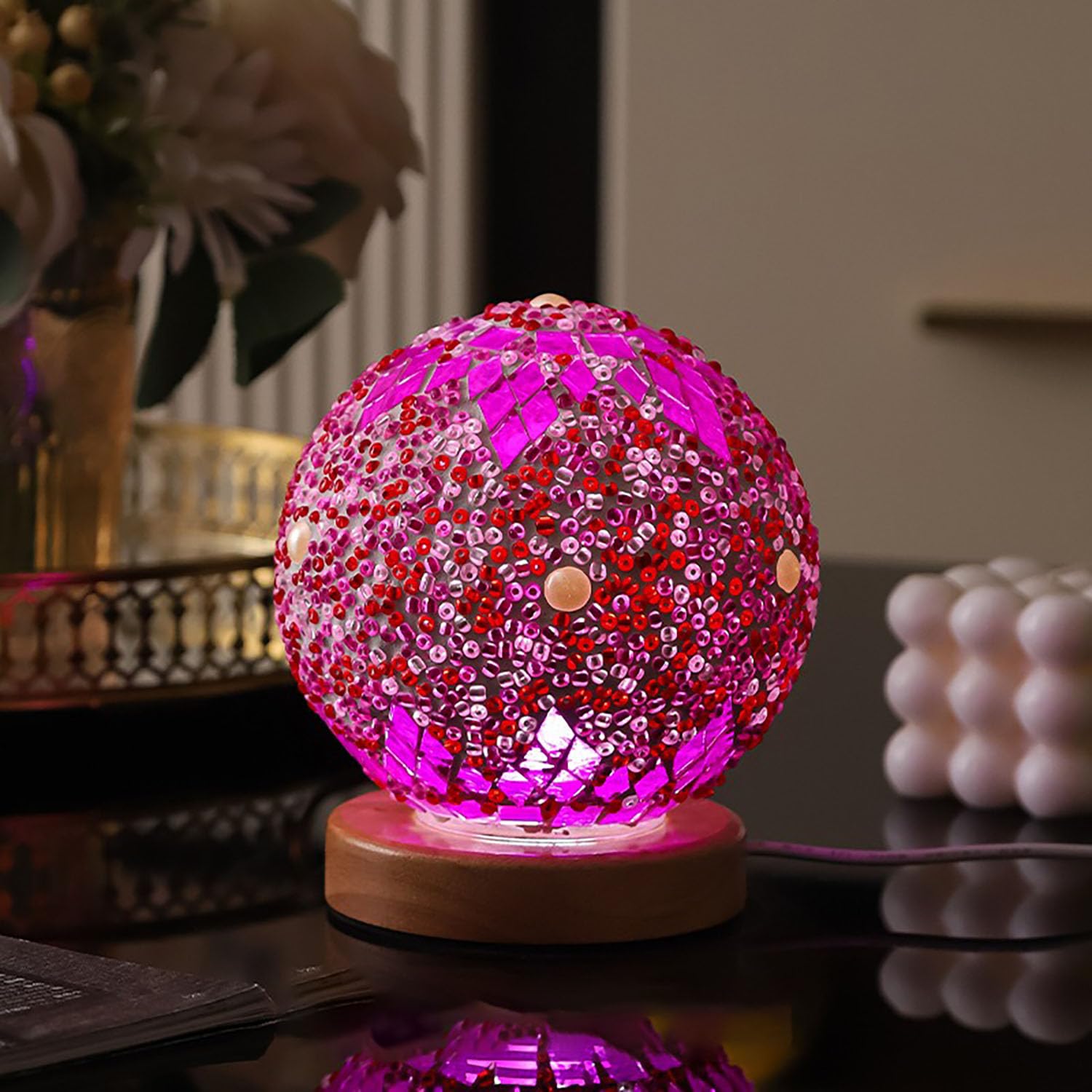 Morocco Pink Mosaic Lamp Vintage Retro Stained Turkish Moroccan Bohemian Tiffany Bedside Colorful Handmade Glass with Wood Base USB Charge Decor Light for Bedroom Ambient Living Room Farmhouse