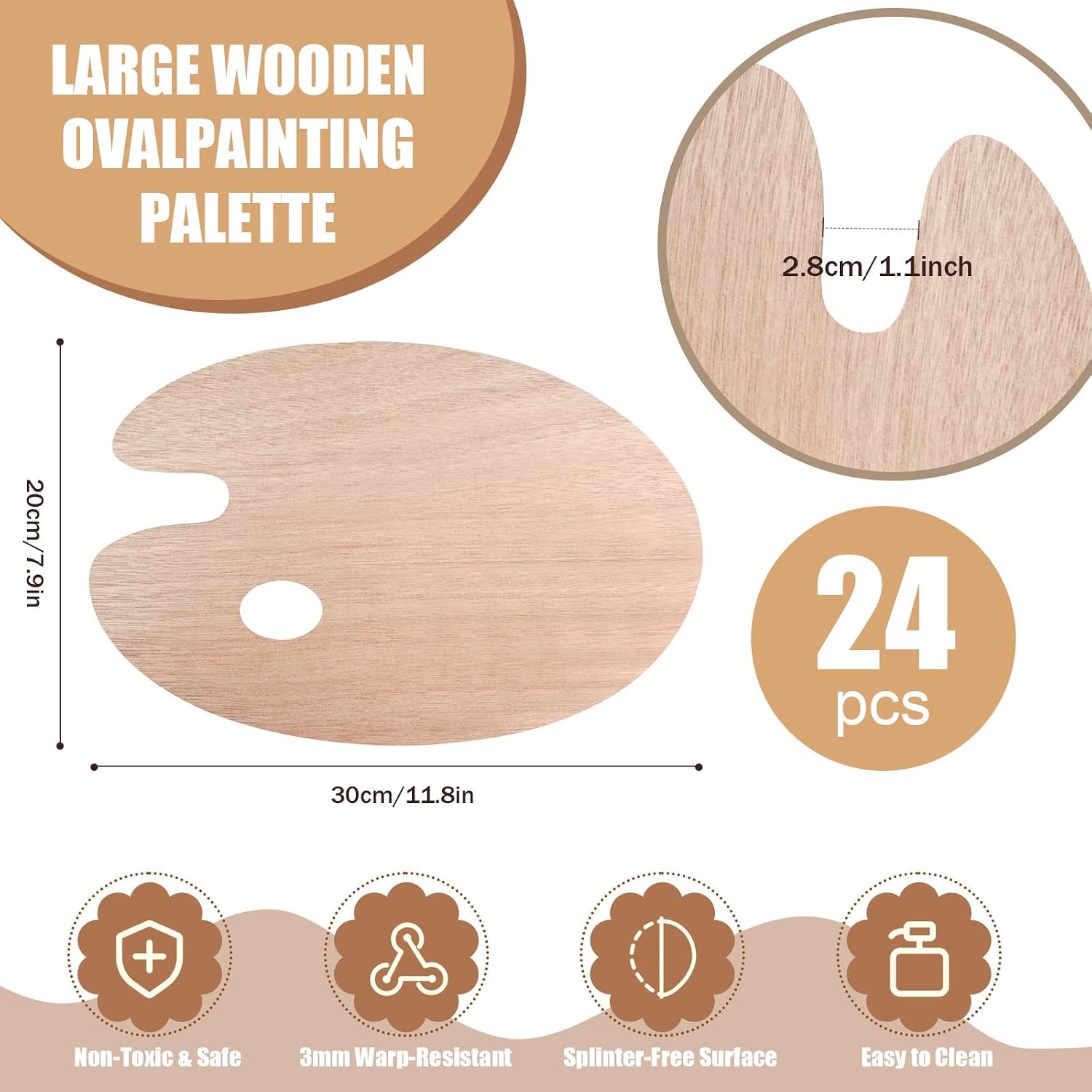 Wooden Painting Palette 24-Pack, Oval with Thumb Hole, 12x8 Inch