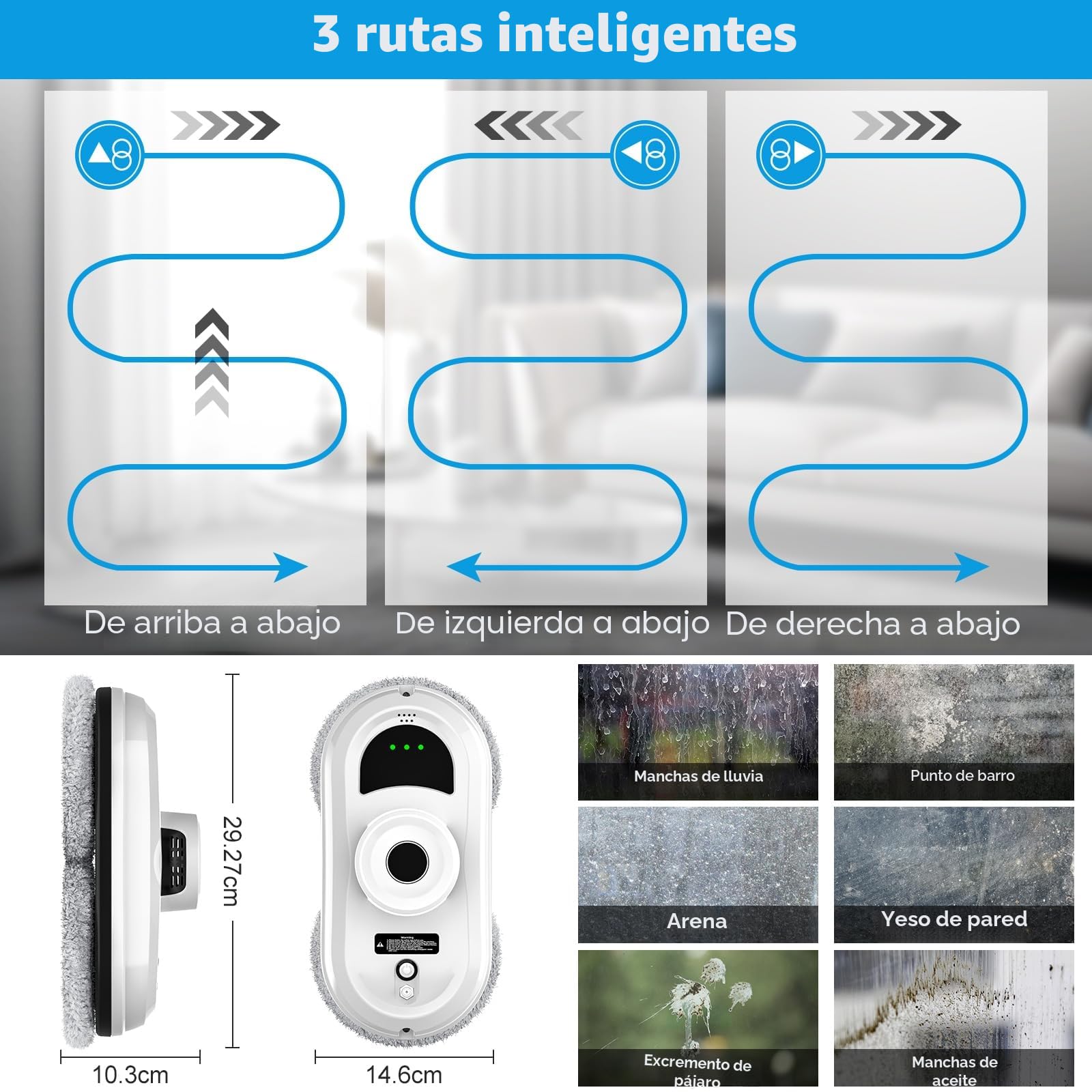 Robot Limpiacristales, Limpiacristales Electrico Ventanas con Succión 5600 Pa, 3 Modos de Limpieza, Sistema de Seguridad, Planificación Inteligente de Rutas y Detección de Bordes, Control Remoto