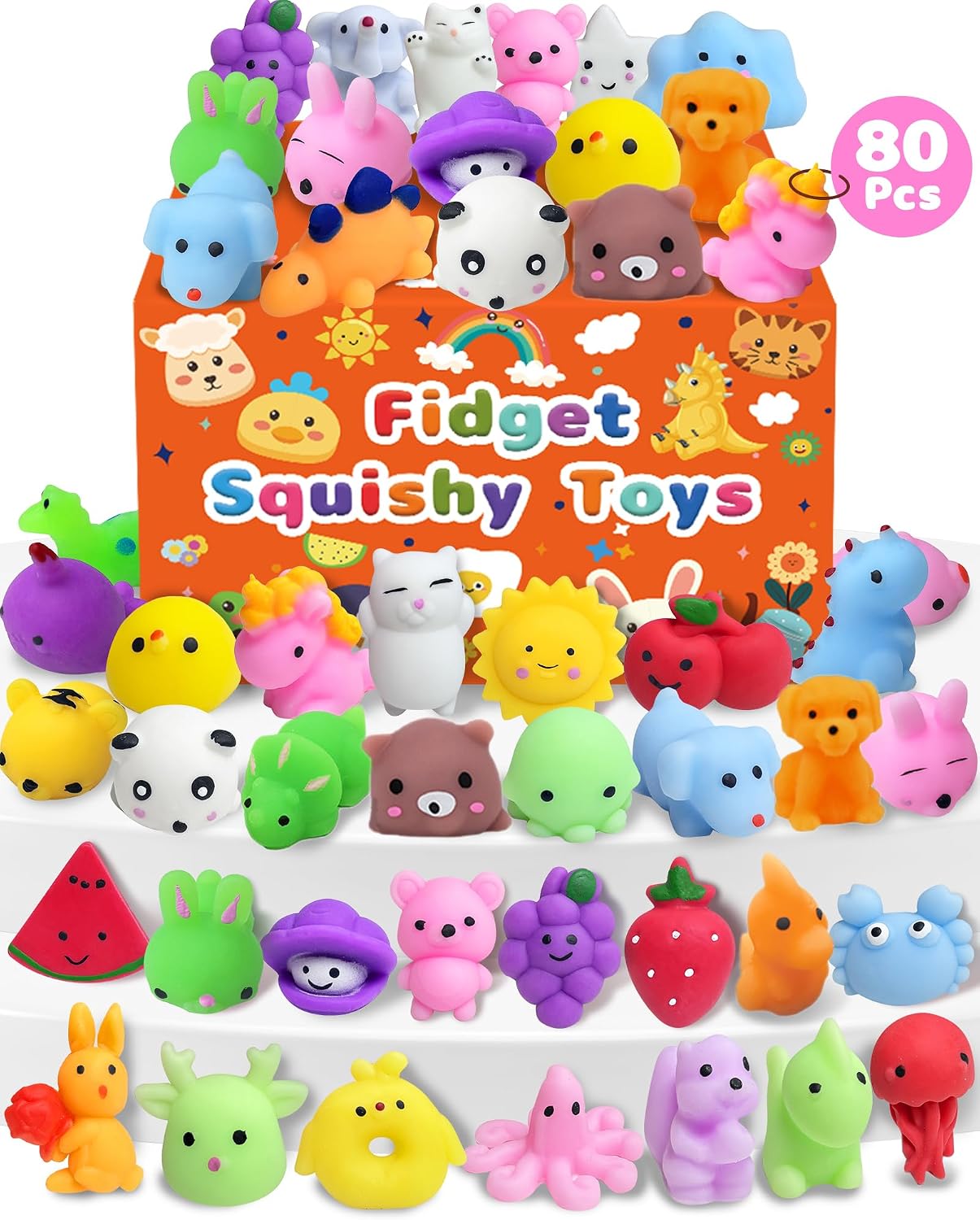 80 Pack Kawaii Squishy Toys, Fidget Party Favors for Kids 3-5, 4-8, 8-12