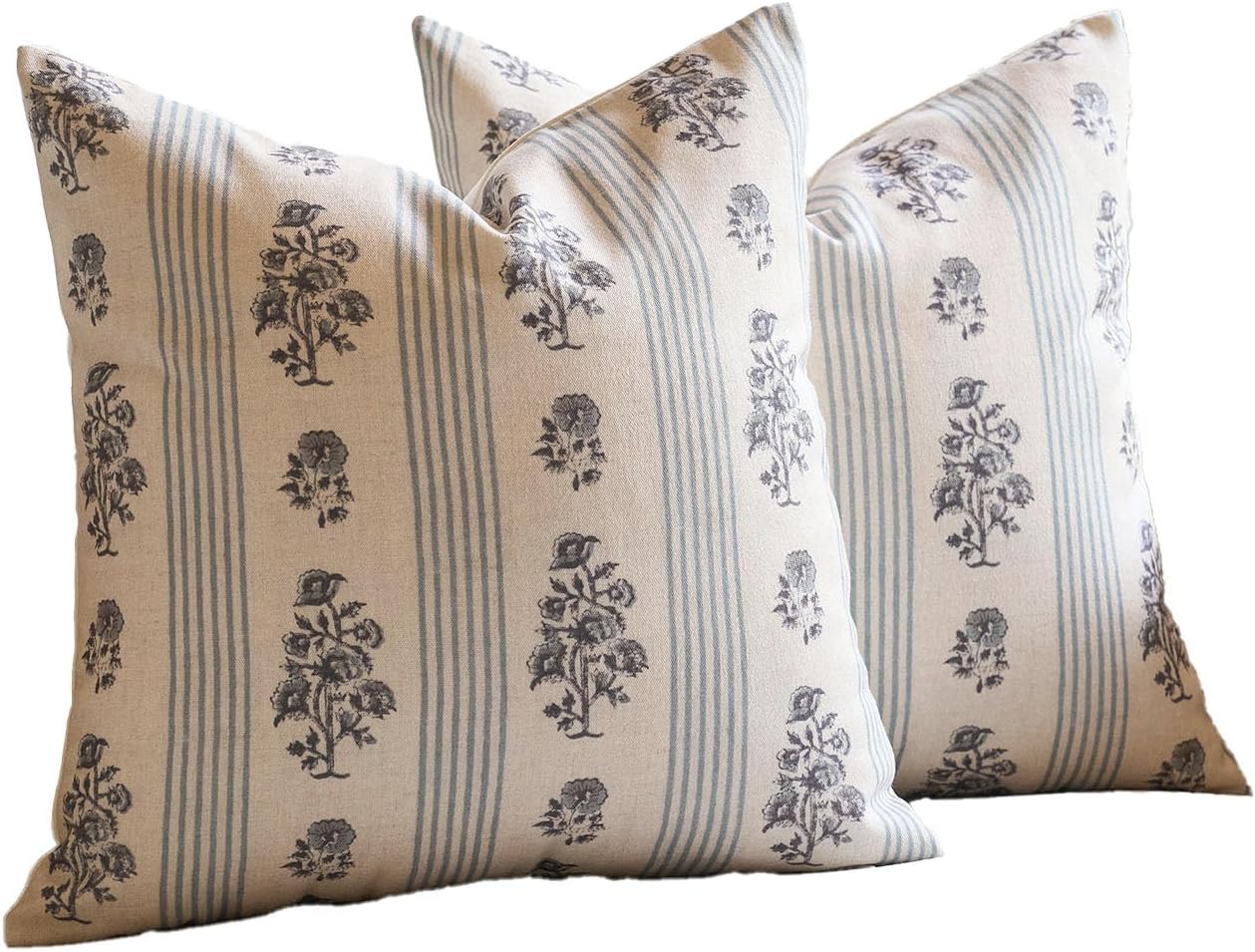 Amor Virisso Floral Throw Pillow Covers 20x20 Set of 2 Block Print Pillow Covers Neutral Floral Striped Farmhouse Decorative Pillow Covers for Sofa Couch Bed, Light Blue
