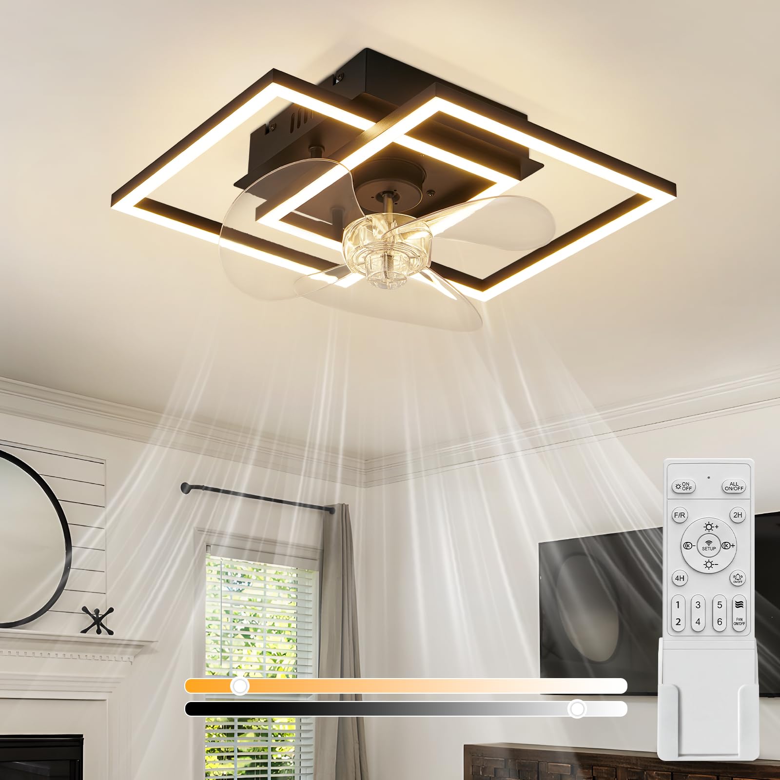Homefire LED Ceiling Fan with Lighting: Bedroom Lamp with Silent Fan and Remote Control Black 3000-6500K Dimmable Modern Lighting 6 Speed Motor for Bedroom