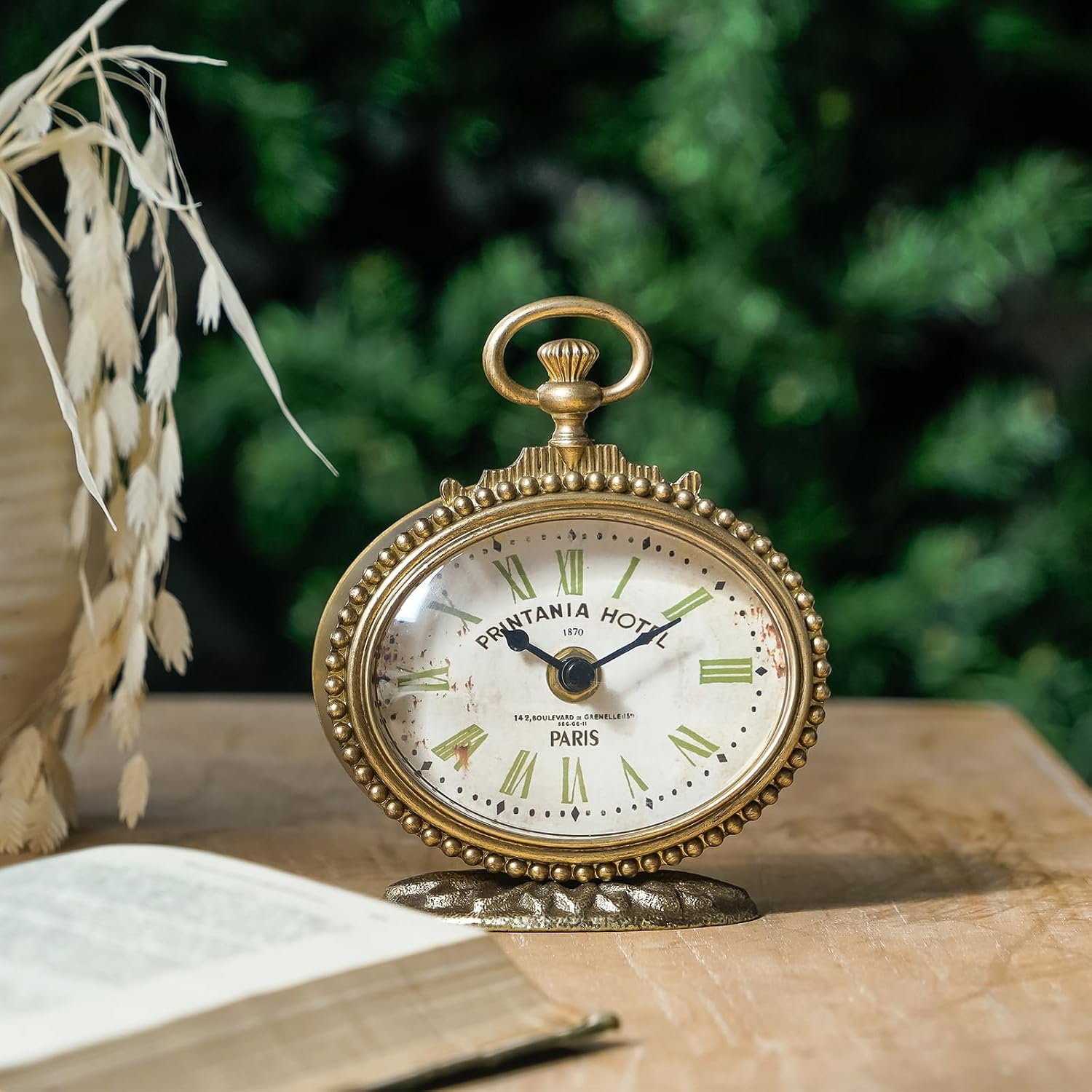 NIKKY HOME Small Vintage Gold Table Clock, Classic Elegant Silent Battery Operated Oval Metal Decorative Mantel Desk Shelf Clocks for Living Room Decor