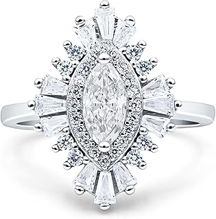 Art Deco Marquise Shape Engagement Ring With Baguette And Round Halo Vin...