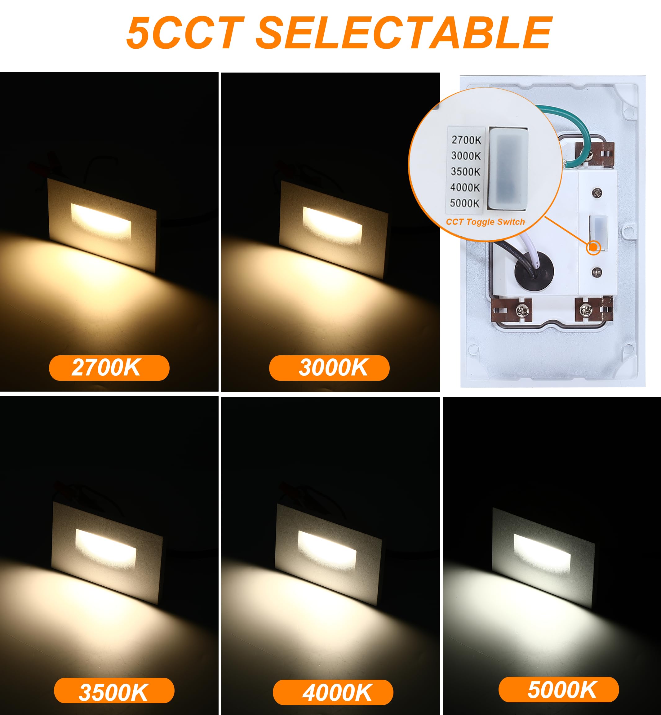 CLOUDY BAY 120V 5CCT Dimmable LED Indoor Outdoor Step Light,2700K/3000K/3500K/4000K/5000K,Stair Light,White,Pack of 6